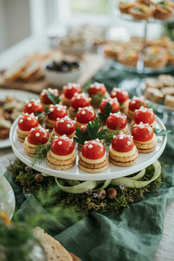 Round crackers topped with cheese and a cherry tomato dotted with cream cheese spots
