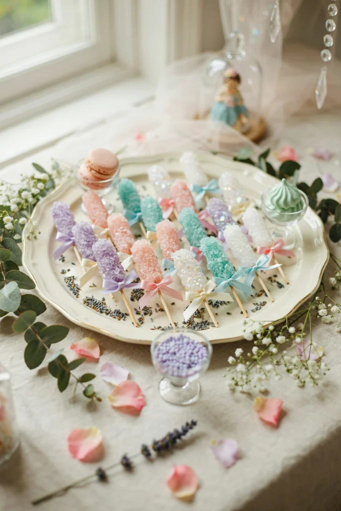 Pastel rock candy sticks tied with ribbon on a tray lined with dried lavender