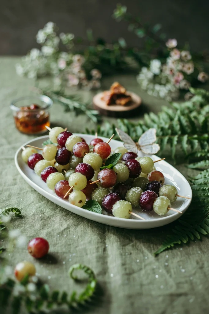 Frosted green and red grapes threaded onto skewers like fairy wands