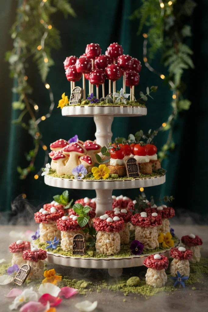 A tiered stand with toadstool marshmallow pops and mushroom cookies styled like a village