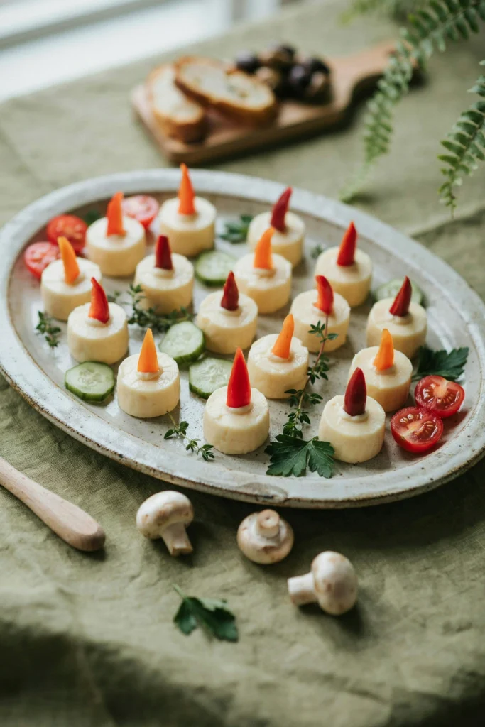 Mini Babybel cheese rounds topped with red pepper triangles like gnome hats