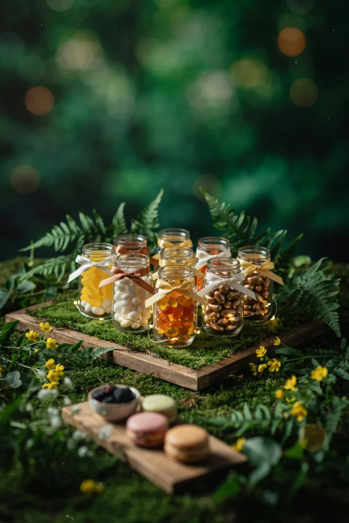 Small mason jars filled with yellow and gold jellybeans lit from below like fireflies