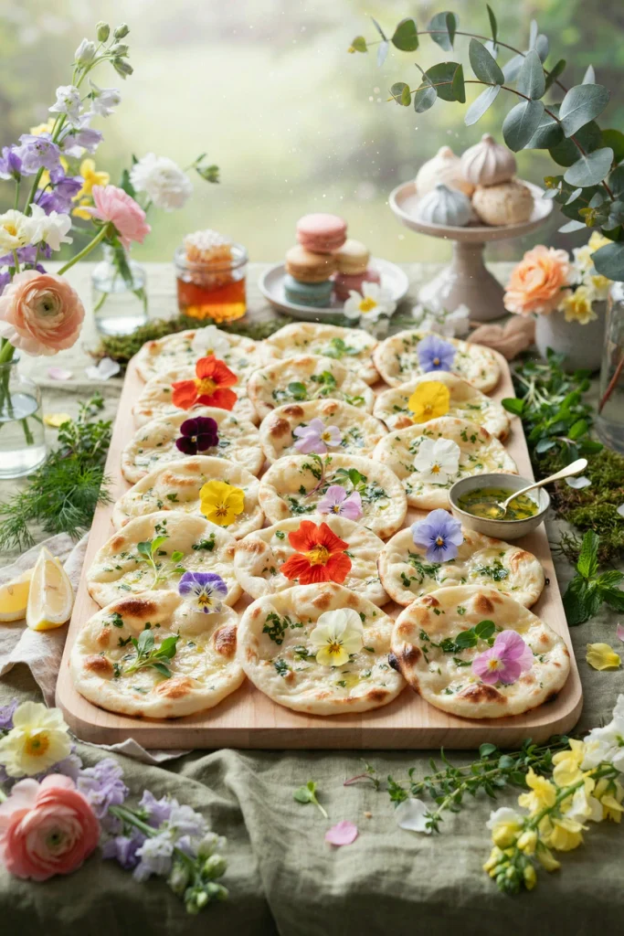 Small naan rounds topped with herb butter and edible flowers