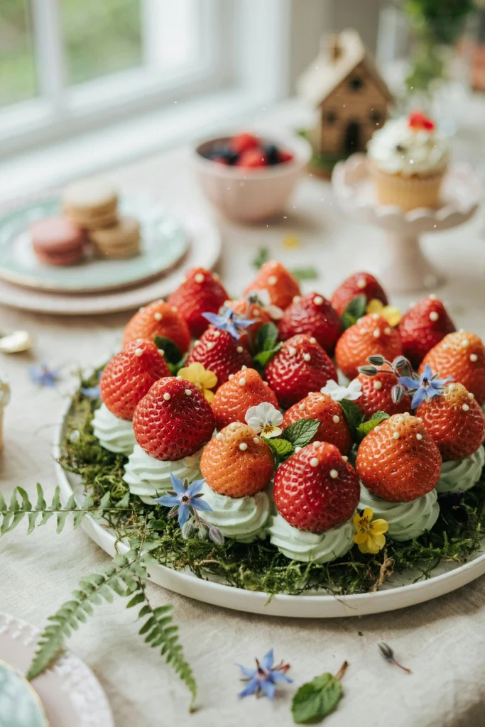 Strawberries dotted with white chocolate spots sitting on piped whipped cream grass