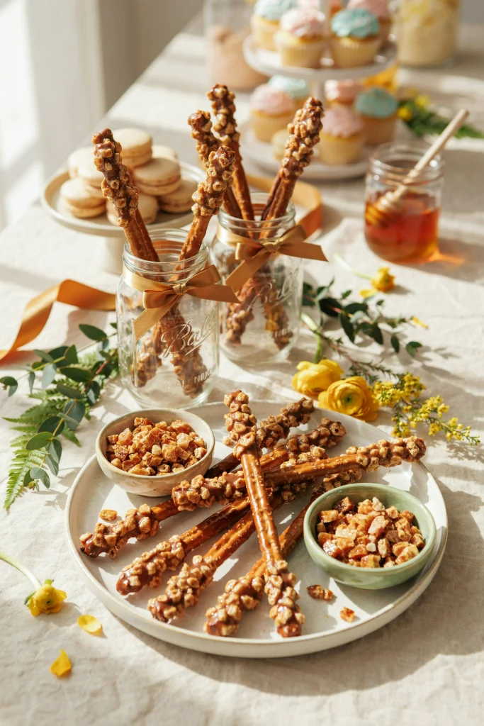 Pretzel rods dipped in golden caramel and rolled in crushed honeycomb candy