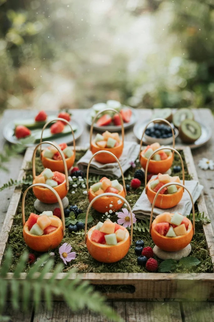 Melon balls skewered and set into hollowed orange halves like tiny lanterns