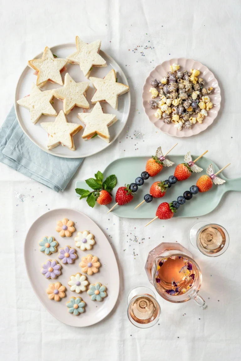 An overhead flat-lay of an assortment of fairy-themed snacks arranged on white and pastel-colored serving plates: star-shaped sandwiches, sparkly popcorn, fruit wands, flower-shaped cookies, and magical punch. Soft natural lighting.