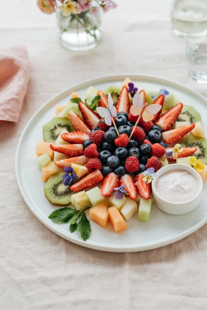 Fresh fruit arranged in a flower pattern around a bowl of honey yogurt dip on a white platter