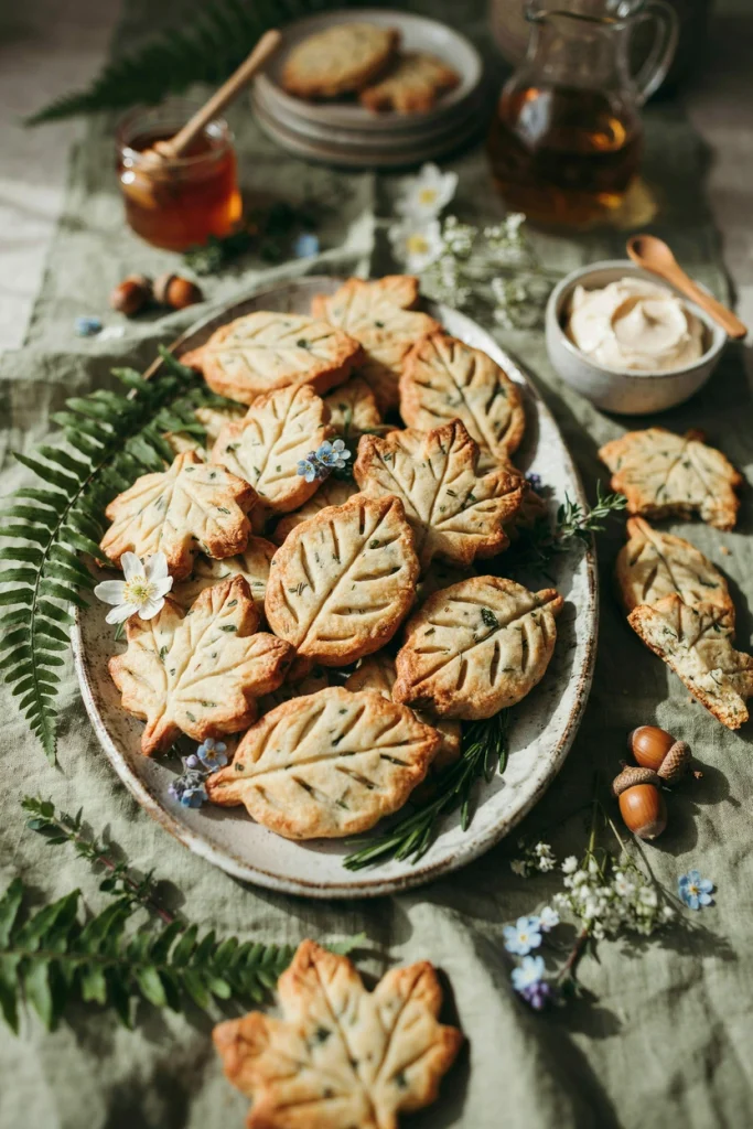 Biscuit dough cut into leaf shapes with scored veining before baking