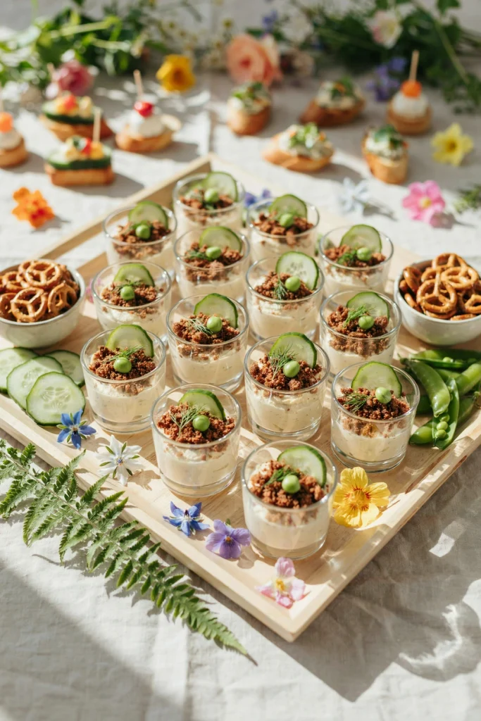 Small clear cups layered with hummus, crushed pretzel dirt, and a leaf-shaped cucumber slice