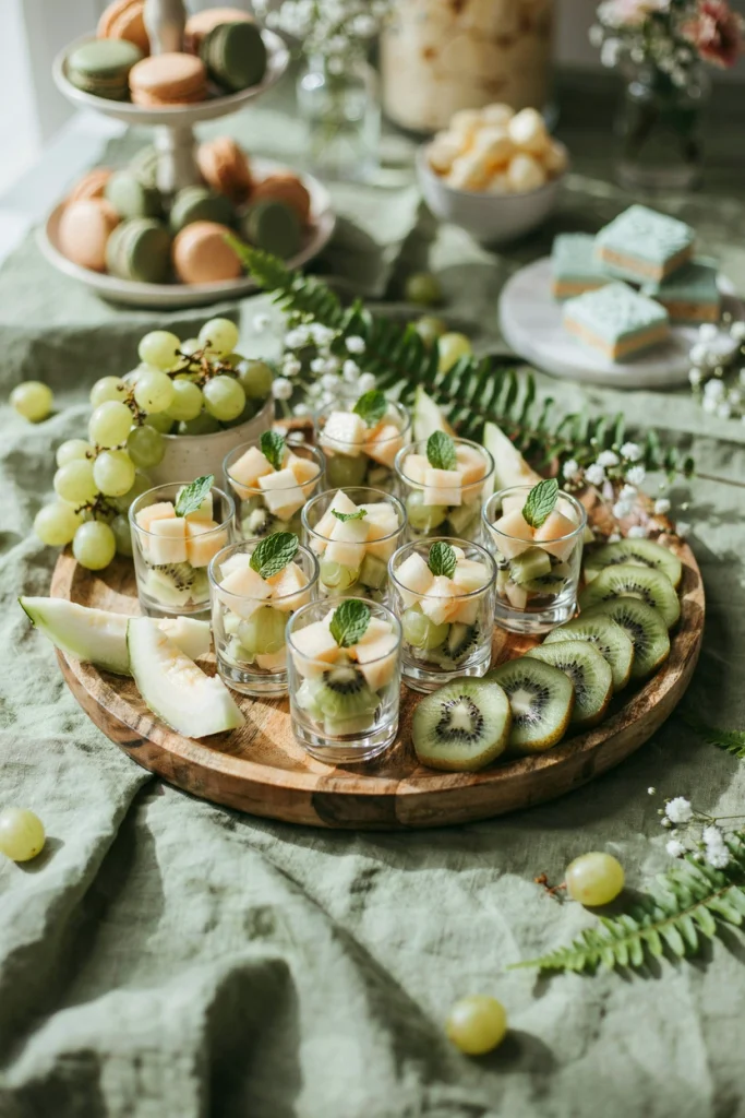 Small clear cups layered with green kiwi, grapes, and honeydew for a forest floor look