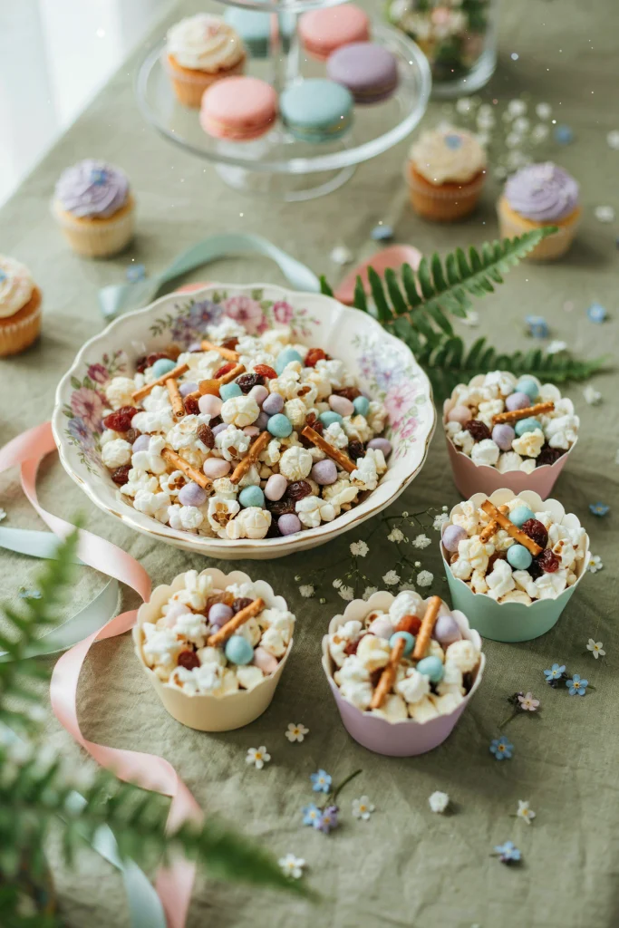 A bowl of popcorn mixed with yogurt raisins, pretzel sticks, and pastel candy melts