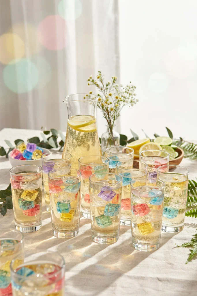 Clear cups of sparkling juice with small cubes of colorful jelly floating inside
