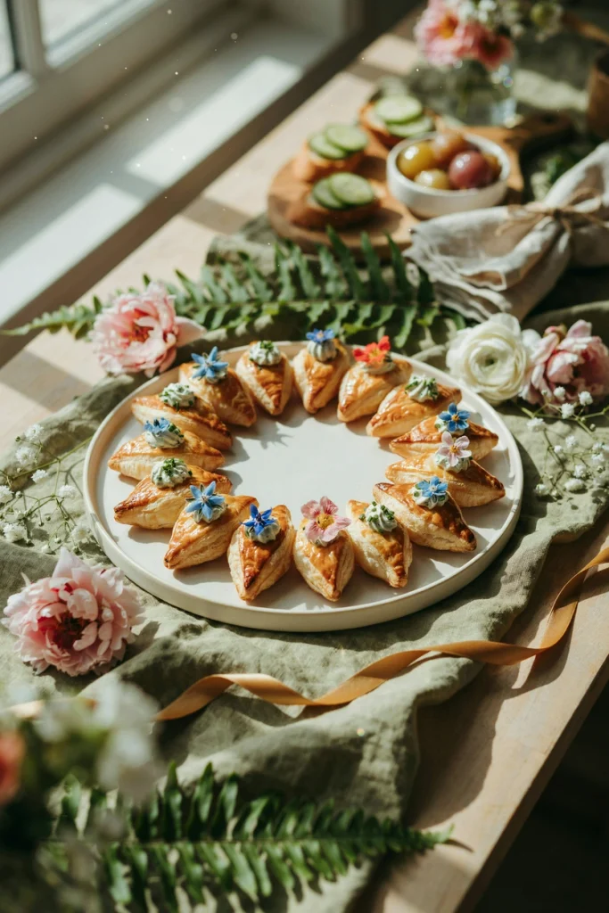 Golden puff pastry triangles arranged in a crown shape on a plate