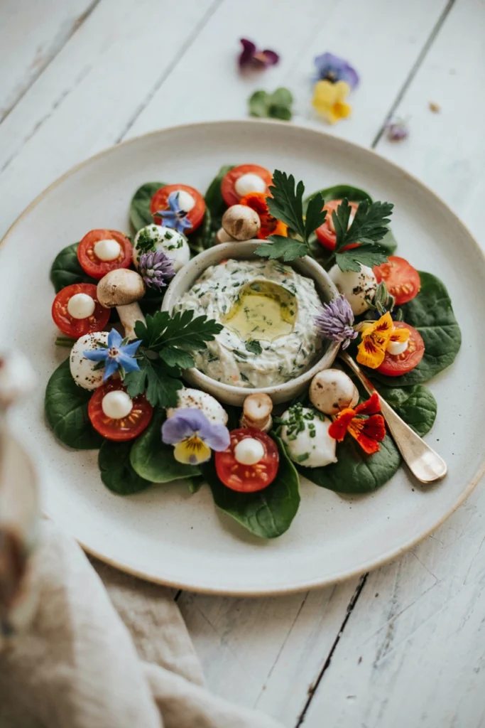 Red and yellow cherry tomatoes clustered around a bowl of herb dip, styled to look like little mushrooms