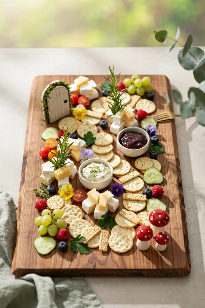 A wooden charcuterie board styled like a miniature garden with cheese, herbs, and crackers