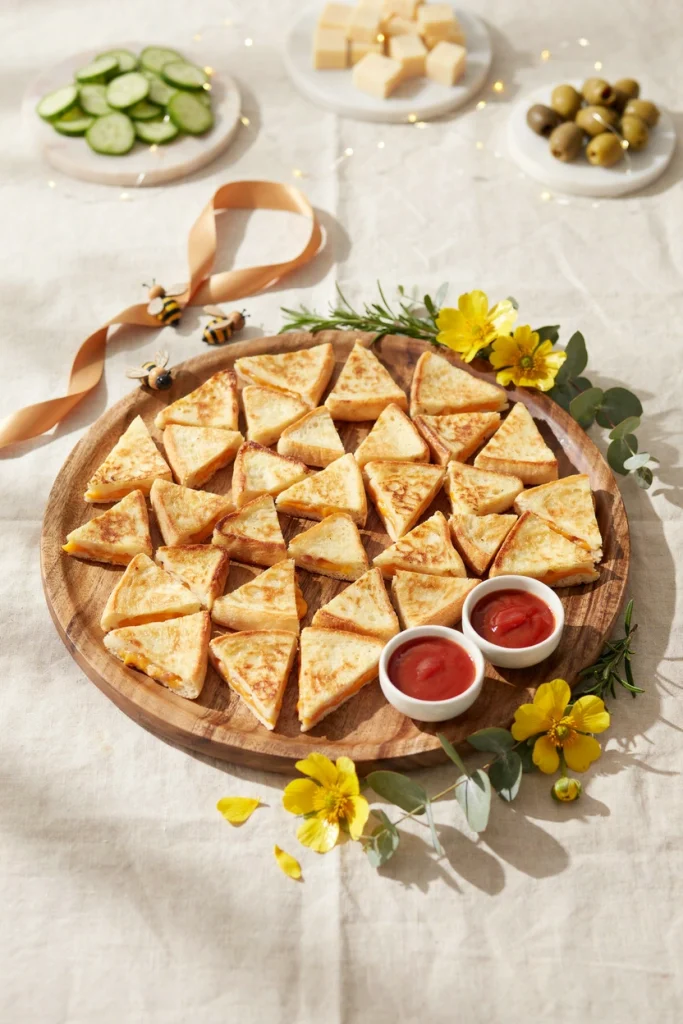 Mini grilled cheese triangles arranged tightly in a honeycomb pattern