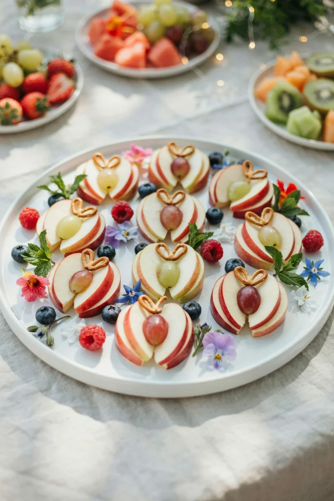 Thin apple slices arranged into a butterfly shape with a grape body and pretzel antennae