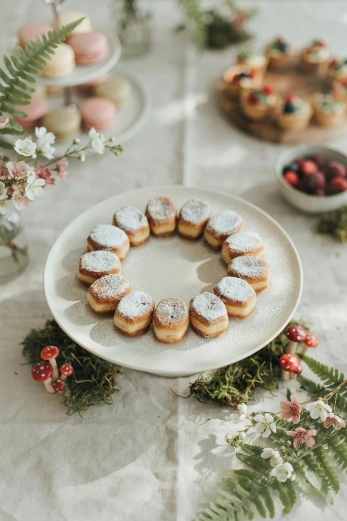 Mini donut holes arranged in a ring on a plate dusted with powdered sugar