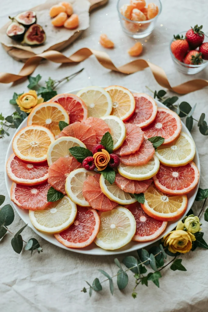 Thin orange and grapefruit rounds fanned out in a sunburst pattern on a round platter