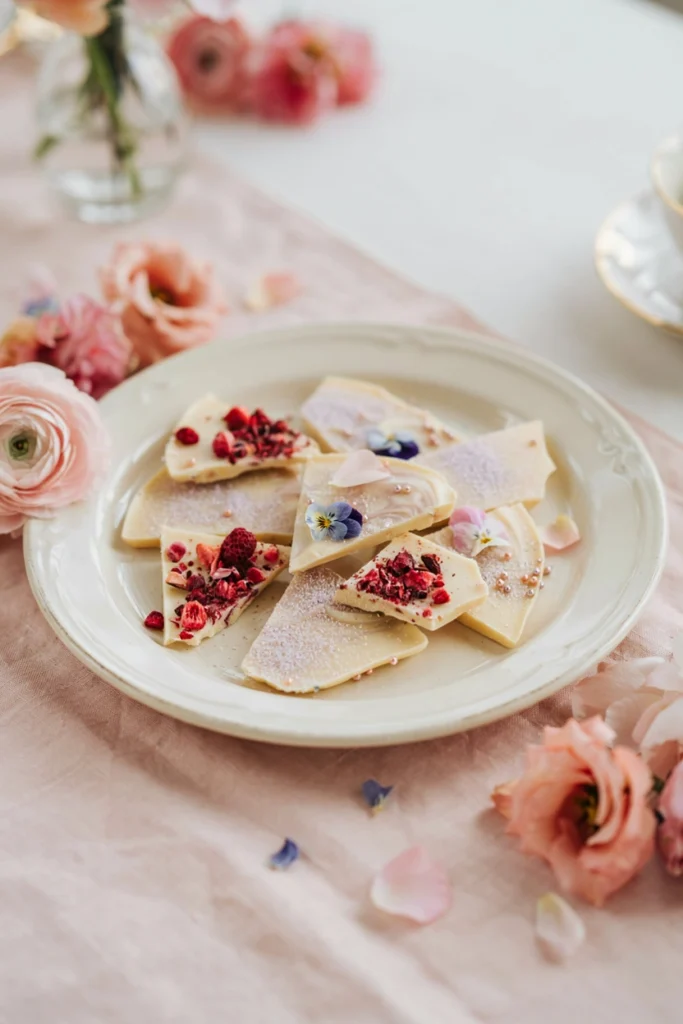 Broken pieces of white chocolate candy bark studded with edible glitter and pastel sprinkles
