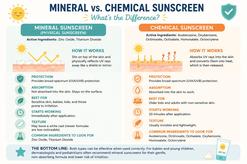Side-by-side visual of mineral sunscreen (white, creamy texture) vs. chemical sunscreen (clear gel), illustrating the physical difference