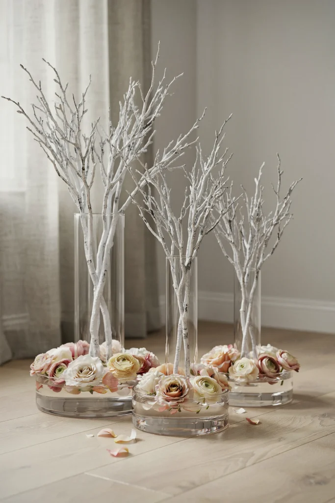 White birch branches spray-painted frost white, arranged in tall clear vases with floating white and blush flowers (garden roses, ranunculus) in shallow bowls of water at the base. Ethereal, whimsical, sculptural