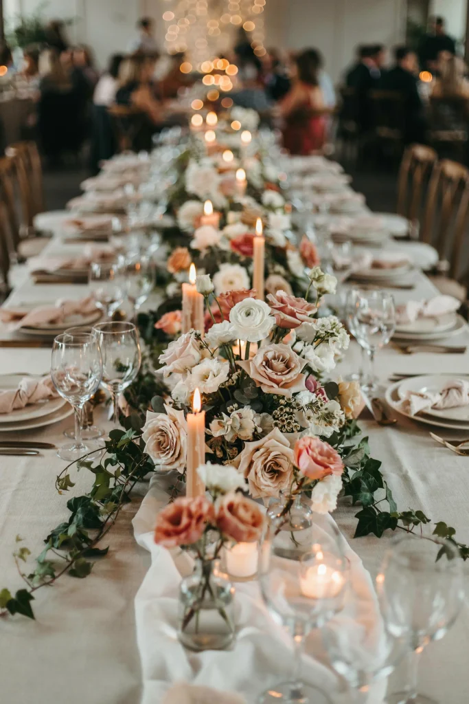 A low, horizontal floral arrangement running down the center of a table. White garland base studded with white flowers, blush roses, baby's breath, and cascading ivy. Candles nestled between flowers. Lush and romantic