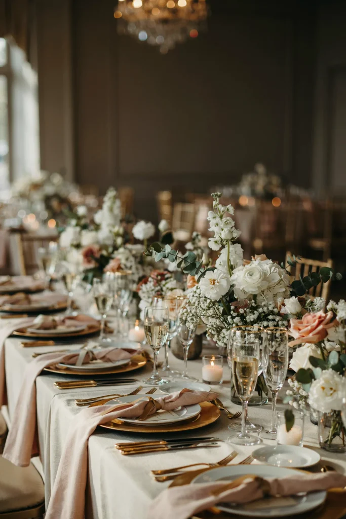 An elevated table setting with blush linens, white florals in tall crystal vases, gold metallic accents (charger plates, flatware), and crystal champagne flutes catching light. High-end, magazine-worthy