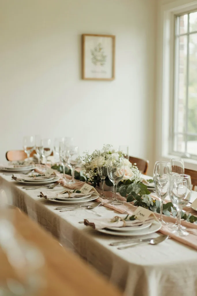 A baby shower table setting featuring blush pink linens, ivory flowers (baby's breath and roses), fresh sage greenery, and white place settings. Soft, diffused daylight. Clean, understated elegance