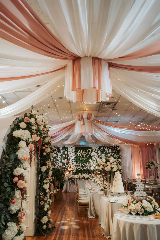 A large ballroom or event space completely transformed: ceiling draped in white and blush fabric, elaborate floral installations at the entrance, tall floral centerpieces on each table, string lights and uplighting throughout, a professional photo backdrop, full catering setup. Luxe, comprehensive, professional-level execution.