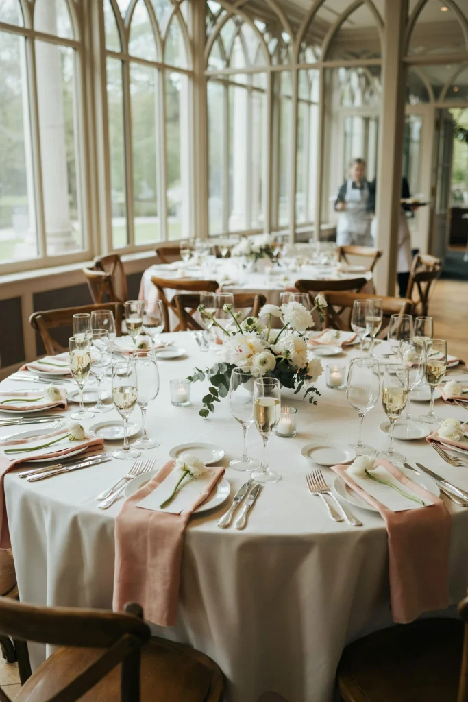 A round table for 20–30 guests, set for an afternoon brunch. White linens, blush napkins, individual place settings with small white flowers at each seat, champagne flutes pre-poured. Intimate, refined, approachable.