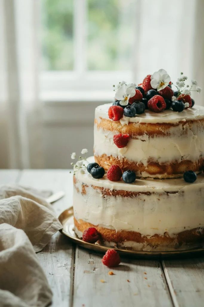 A simple two-layer cake with visible sponge sides (naked style), frosted with white cream cheese frosting, topped with fresh or frosted raspberries, blueberries, and small white flowers (pansies, baby's breath). Rustic, elegant, slightly undone feel