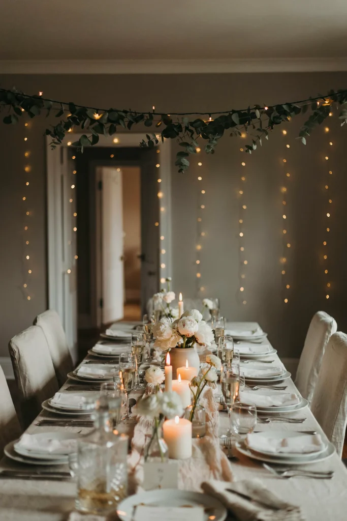 A wall decorated with warm-white string lights and a long strand of eucalyptus garland draped horizontally.