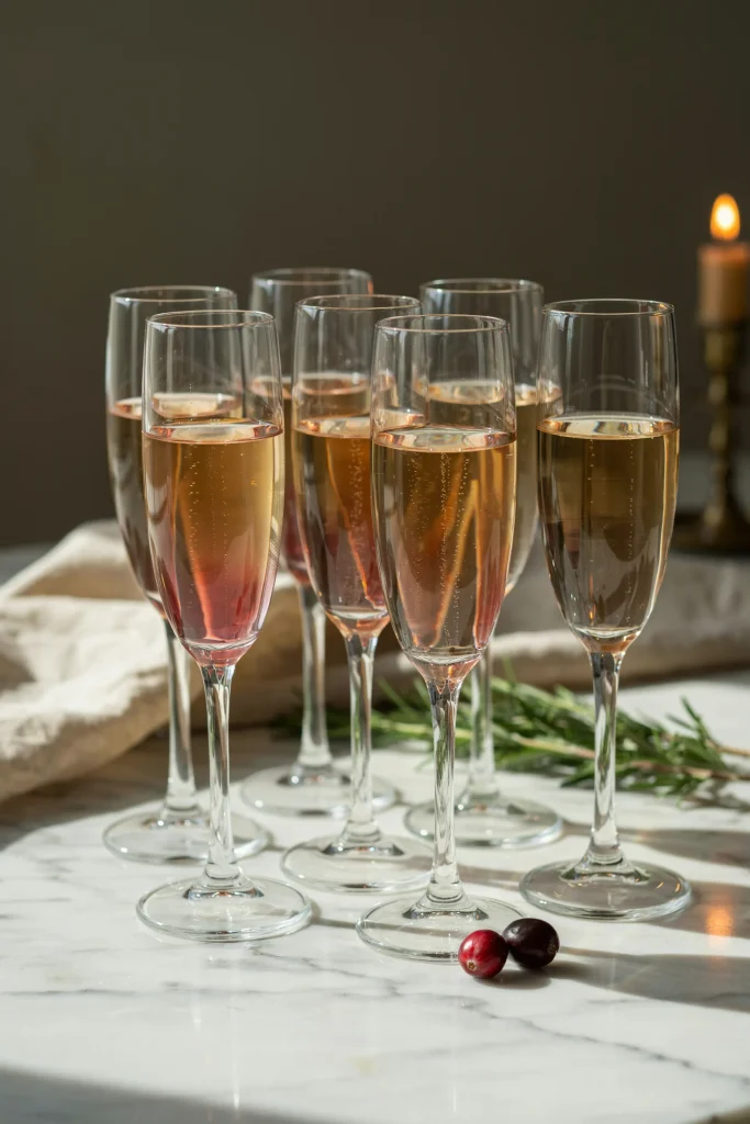 A display of champagne flutes filled with sparkling cider or champagne, with a touch of blush-colored cranberry juice creating an ombre effect in the glass. Elegant, simple, photo-perfect