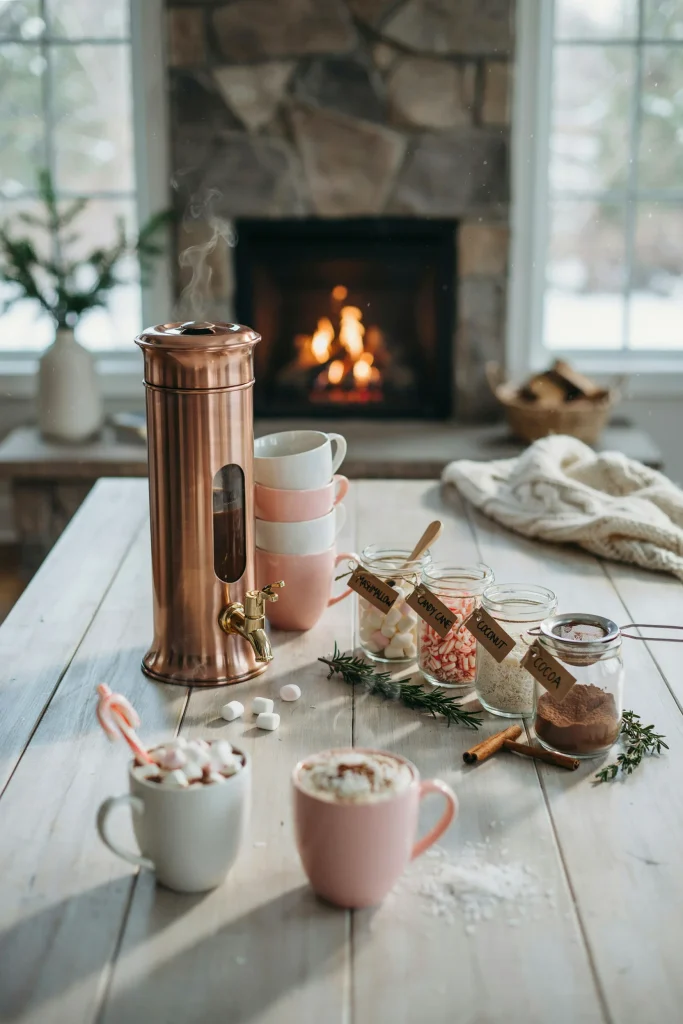 A table setup with a large urn or dispenser of hot chocolate, white and blush ceramic mugs stacked nearby, and small glass jars filled with toppings: marshmallows, crushed candy canes, shredded coconut, cocoa powder. Cozy, interactive, winter-appropriate