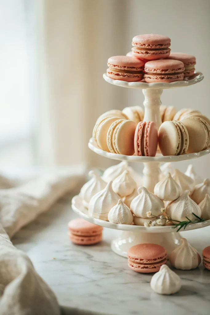 A tiered tower of white and blush macarons and white meringues, arranged decoratively on a tall cake stand or small platform. Delicate, French-inspired, elegant, glows with frosted sugar