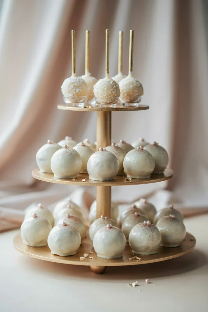 A tiered display of individual white mini cakes or cake pops dipped in white chocolate, dusted with edible glitter or pearl dust to mimic frost. Each one feels like a precious gem