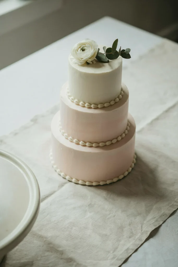 A tiered white buttercream cake where the frosting gradually fades from pale blush at the base to pure white at the top (ombre effect). Elegant, modern, shows off the color palette in a subtle way
