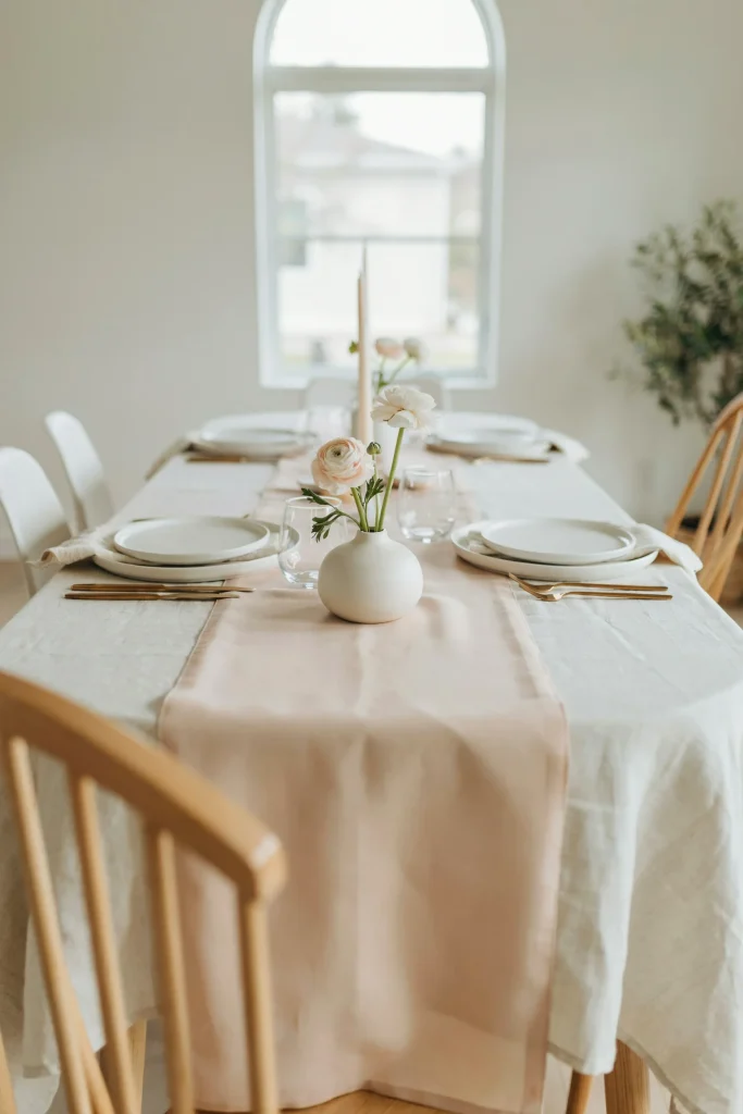 A table set with ivory or white tablecloth, overlaid with blush pink table runner down the center. White charger plates, white plates on top. Minimalist, color-blocked, modern