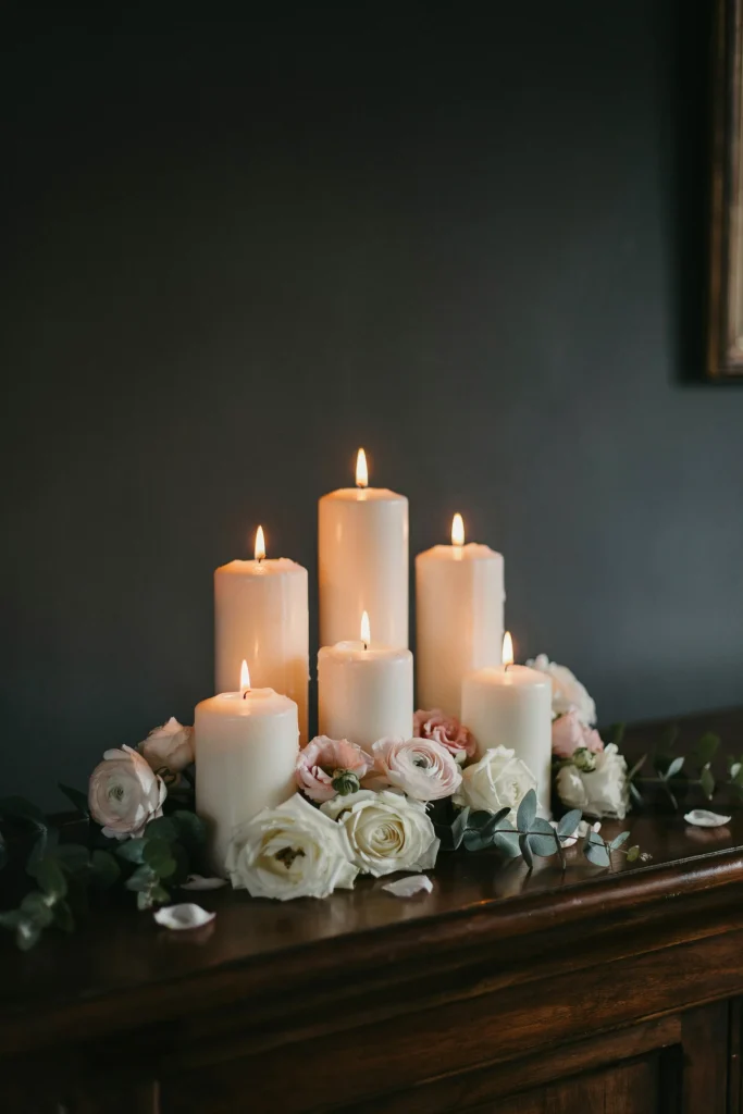 A tall tiered arrangement of white pillar candles in varying heights (short, medium, tall) grouped on a table or mantlepiece with white roses and blush accents around the base. Warm, glowing, dramatic focal point
