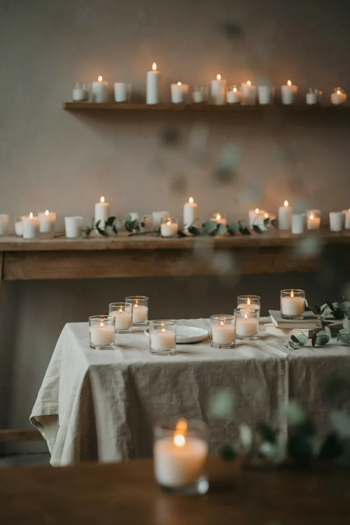 Rows of small frosted glass votive holders with white candles, scattered across tables and shelves. Soft, warm glow. Simple, elegant, romantic