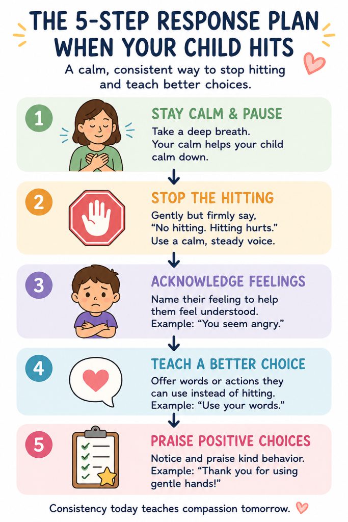 5-step flowchart showing how to respond when your child hits using positive parenting techniques