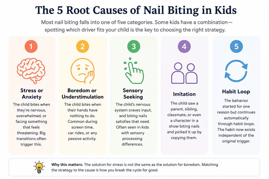 A simple, clean infographic showing the 5 root causes of nail biting in children