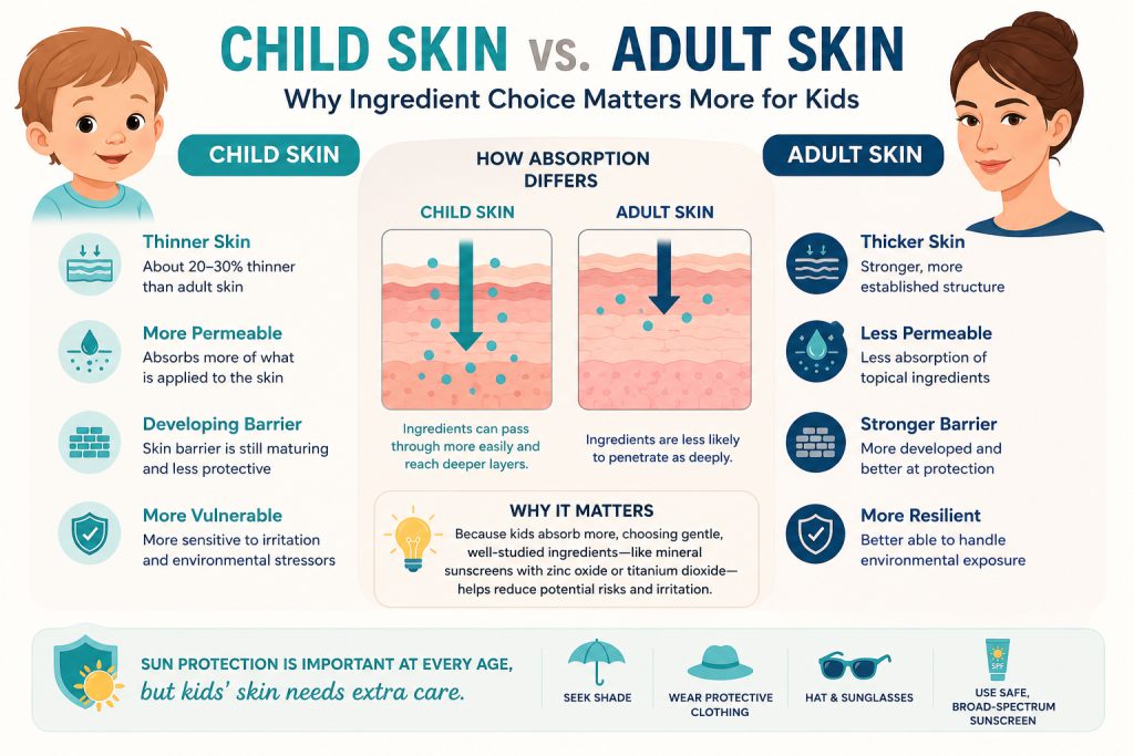 Infographic comparing child skin vs. adult skin absorption — illustrating why ingredient choice matters more for kids