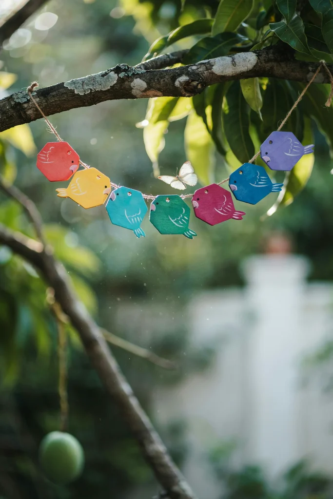 Colorful honeycomb parrot decorations hanging from a ceiling or tree branch.