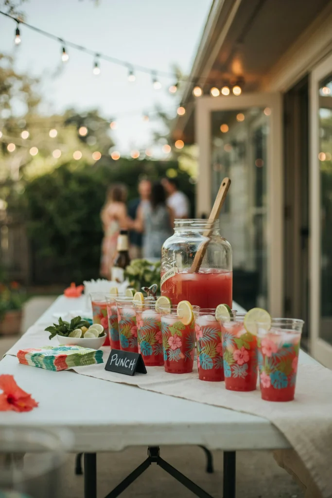 A row of tropical-print plastic cups filled with punch on a drink station