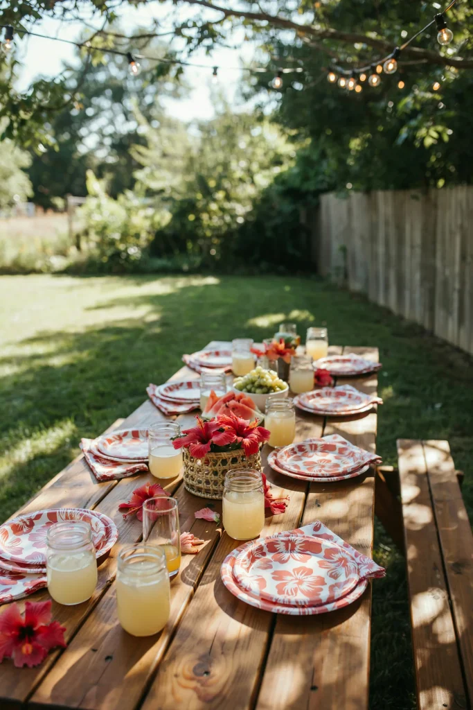 A casual outdoor table set with hibiscus-print paper plates and napkins for a larger crowd.