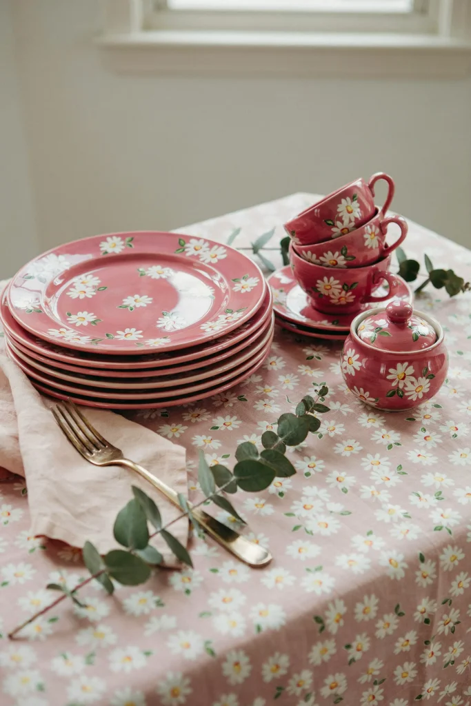 Bright pink floral plates and cups stacked on a table with a coordinating tablecloth