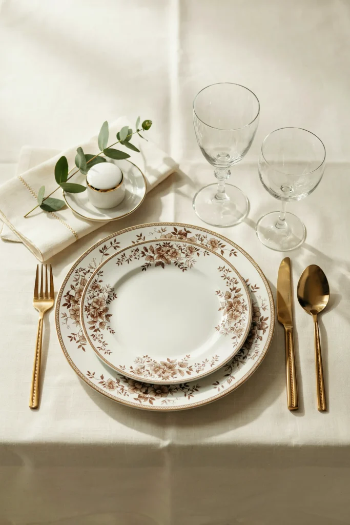 A place setting with gold-and-white floral plates, napkins, and matching cutlery